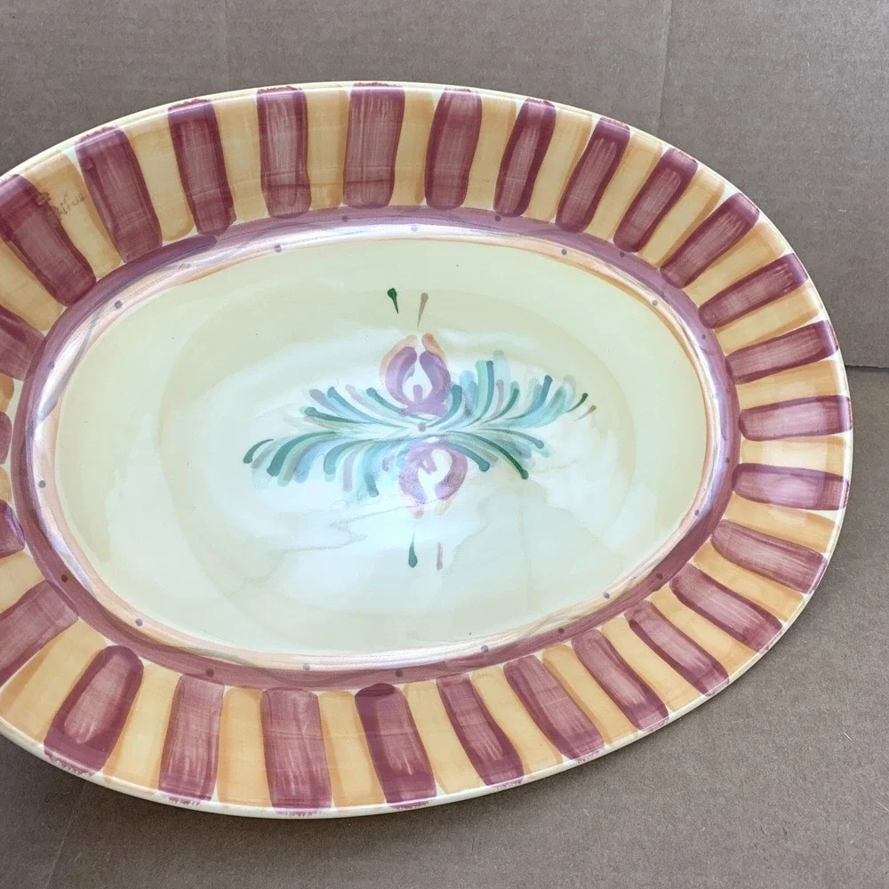 Gail Pittman Hand Painted Ceramic Oval Serving Platter Floral Striped Burgundy
